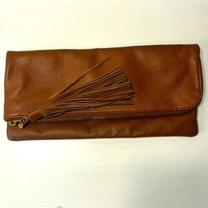Brown HOBO large genuine leather clutch with brass hardware and tassel